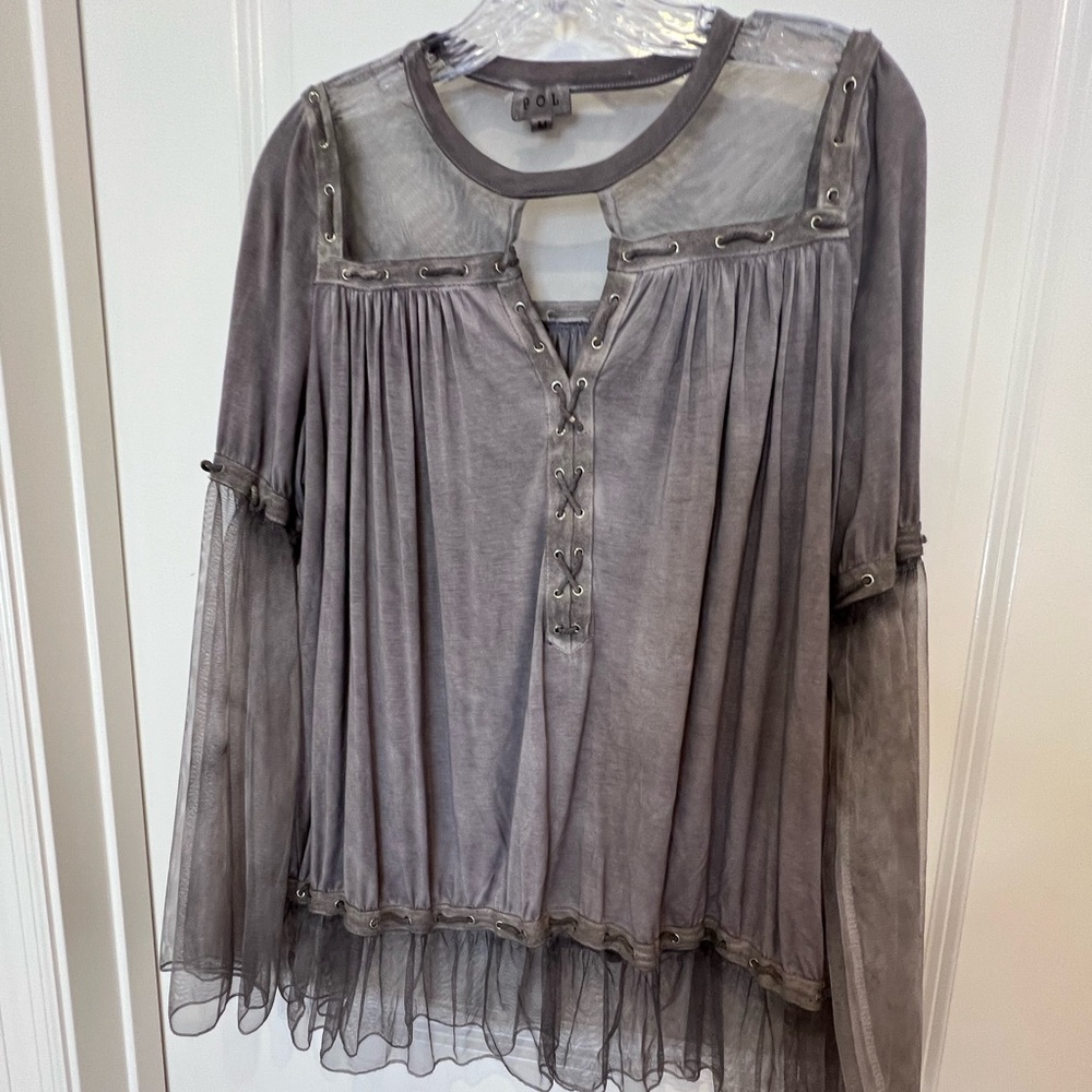 POL Sz M flowing goth grunge elegant romantic lacy bell sleeve fairy blouse taup